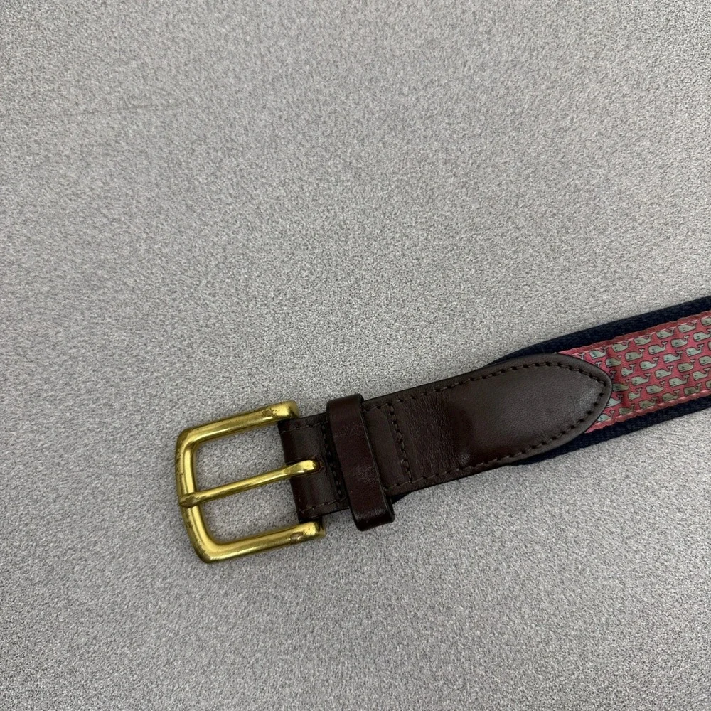 Vineyard Vines Belt Mens 34 Pink Navy Whale Print Silk Leather Canvas Preppy *